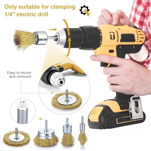 Brass Wire Brush for Drill Rust Removal, Wire Wheel for Drill, Cup Brush and End Brush Set, Wire Brush Drills Attachments, 1/4" Drill Shank, Carbon Steel Bristles (Brass Wire Brush, 28)