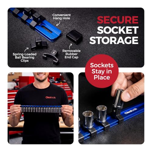 Olsa Tools 3/8-Inch Socket Organizer Rail with Locking Caps, Blue - color: Blue, size: 3/8-Inch Drive
