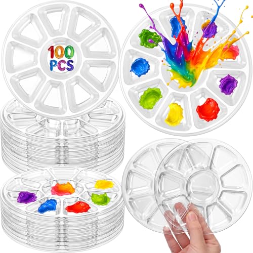 100 Pcs Large Clear Paint Tray Palette Disposable Watercolor Palette Acrylic Paint Pallet Color Mixing Tray for Painting Party Oil Watercolor Craft Supplies DIY (Round Petals) - style: Round Petals