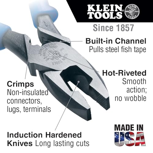 Klein Tools J2000-9NECRTP Side Cutter Linemans Pliers, Made in USA, with Tape Pulling and Wire Crimping, High Leverage, 9-Inch - style: Cuts / Crimps / FT Pulling