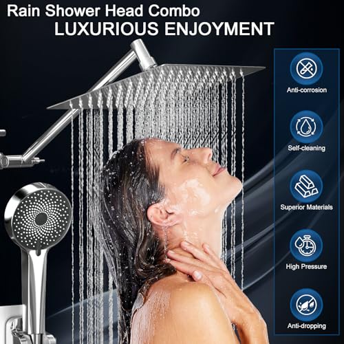 Shower Head, Rain Shower Head with Handheld Spray Combo, 10 Inch Adjustable High Pressure Rainfall Shower Head, Dual Showerhead Set with Extension Arm and 60 Inch Long Shower Hose (Silver) - color: Silver, size: 10 Inch