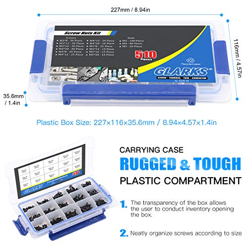 Glarks 510Pcs Metric M3 M4 M5 Alloy Steel Socket Cap Screws Hex Head Bolt Nuts Assortment Kit - Black Oxide Finish - size: Flat Head Socket Cap Screws Set