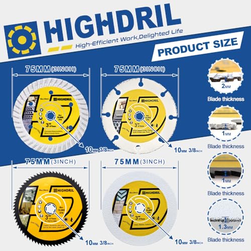 HIGHDRIL 3" 75mm Circular Saw Blade Set 4pcs - Diamond/HSS/Carbide Cutting Disc for Angle Grinder Cutting Soft Metal Copper Aluminum Granite Tile Marble Granite Plastic Wood Glass - size: MIX 5