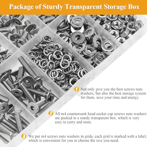 385 Pieces M4 Screws Nuts Washers Set, Sutemribor M4 x 5/6/8/10/12/16/20mm Countersunk Head Socket Cap Screws Nuts Washers Assortment Kit, 304 Stainless Steel, Fully Threaded - size: M4, style: Countersunk Head Socket Cap