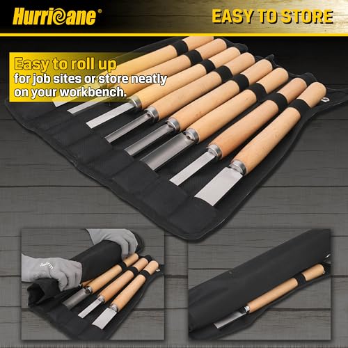 HURRICANE 8pc Wood Lathe Turning Tool Set, Wood Turning Chisel Set for Woodworking. 2 Skew 1 Spear Point 1 Parting 1 Round Nose & 3 Gouge Tools with 1 Canvas Bag Packaging