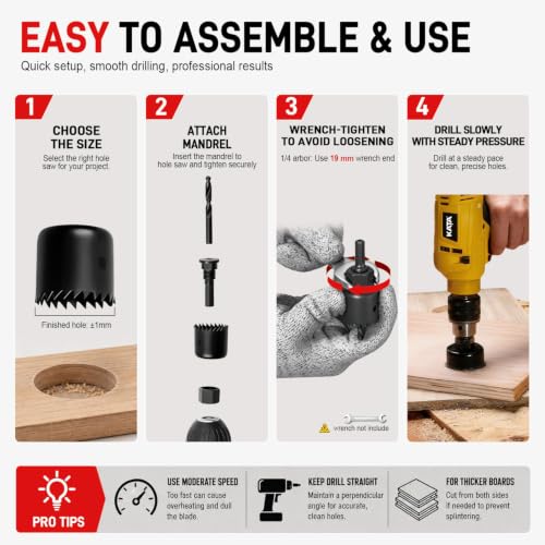 KATA 12-Pieces Hole Saw Kit 3/4"-2-1/2" for Soft Wood, Drywall, PVC in Case - color: 12PCS