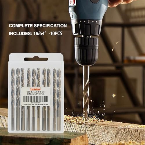 Luckyway 15/64" Cobalt Drill Bit (10 Pcs), Jobber Length Twist Drill Bit Set for Hard Metal, Stainless Steel, Cast Iron, Wood and Plastic, with Storage Case - style: 15/64" (10Pcs) Cobalt Drill Bits