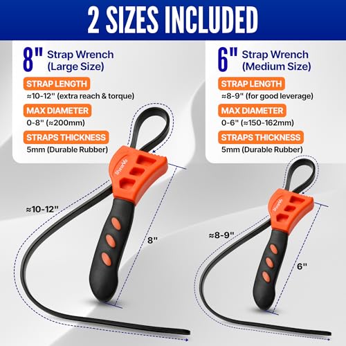 2-Pack Rubber Strap Wrench Set, Max Diameter 6" and 8" Heavy Duty Adjustable Strap Wrench Plumbing, Oil Filter, Shower Head, Sink, Pipe, Jar Opener, Non-Slip Grip Wrench (Orange)
