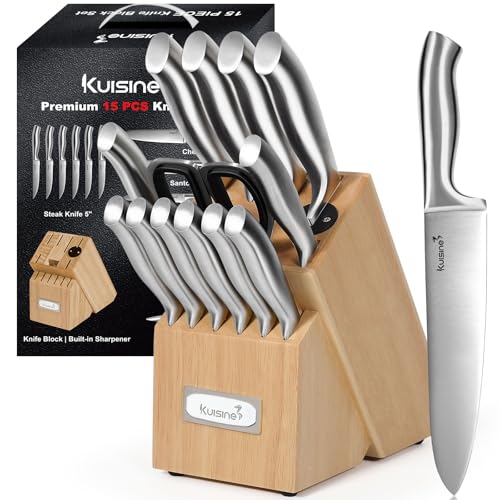 Kuisine Premium Sharp Knife Set Carbon Steel Forged,Ergonomic Handle Knife Block Set,Kitchen Block Knife Set,Chef Knife Set Built-in Sharpener(Silver Pro, 15PCS) - color: ET White