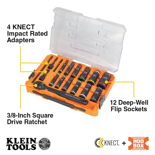 Klein Tools 65626 KNECT Deep Well Impact Socket Set, 3/8-Inch Drive Ratchet, 24 SAE and Metric Flip Socket Sizes, MODbox Case - style: 24-Piece Metric & SAE Set