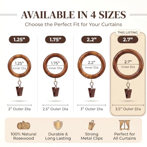 50 Pieces Large Wooden Drapery Curtain Rod Rings with Clips for 2 inch to 2.5 inch Rod Pole, 2.7 inch Inner Diameter, Natural Rosewood (50, 2.7 INCH Inner Dia) - size: 2.7 INCH Inner Dia