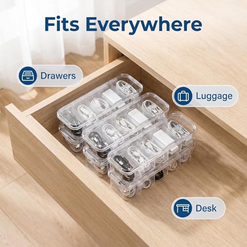 3 Pcs Charger Organizer, Clear Plastic Cord Organizer with Lid, Office Desk Drawer Organizer Box for Chargers, Adapters & Desk Electronics Accessories (15-Compartment)