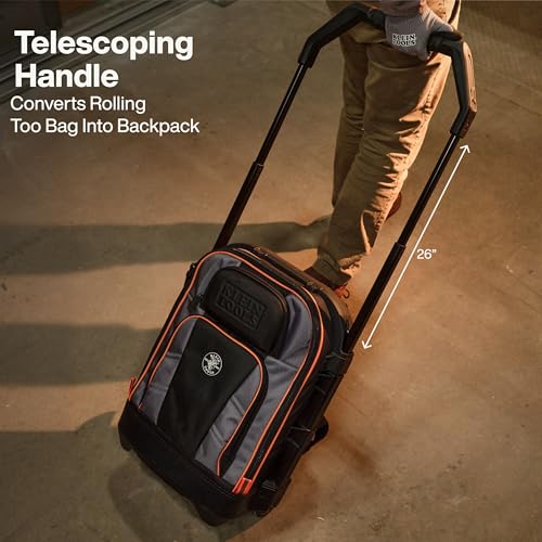 Klein Tools 55604 Rolling Tool Backpack, Tool Bag with 28 Pockets, Heavy Duty Retractable Handle, Large Storage Interior, 3-Inch Wheels - size: Rolling Tool Backpack