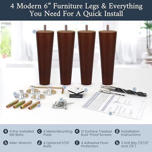 Airy Abode Premium Walnut Wood Furniture Legs (Full Install Kit) - Pick Your Size and Color - color: Brown, size: 6 Inches