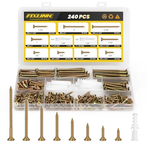 240PCS Wood Screws Assortment Kit, FIXLINK Zinc Coated Flat Head Screws Set - color: Yellow Zinc
