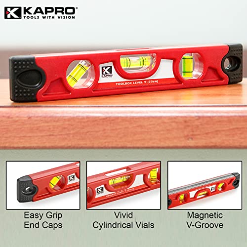Kapro - 227 Toolbox Level - 9-Inch - for Leveling and Measuring - Features V-Groove, Magnet Strip, Rubber End Caps, and Colored Vials