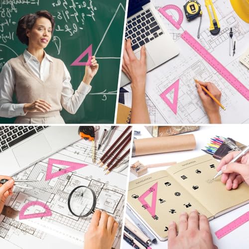 Plastic Clear Ruler Math Set, 6" | 12" Straight Ruler Protractor, 2 Protractors 180 Degree 2 Triangle Rulers 45 | 60 Degree 2 Straight Rulers Measuring Tool for School Office Home Supplie,Pink - color: Pink