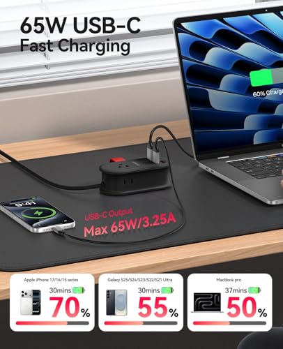 ORICO 65W GaN Travel Power Strip, 7 in 1 Charging Station(3AC, 4 USB Ports) - color: Black