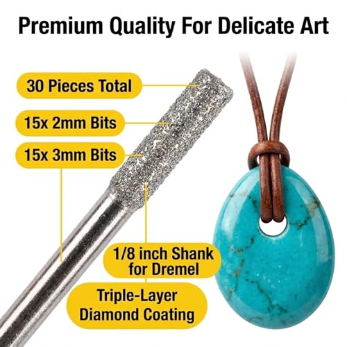 Drilax 30-Pc Diamond Drill Bit Set, 15x 2mm & 15x 3mm, 1/8 Inch Shank Dremel Compatible for Glass, Sea Glass, Gemstones, Ceramic & Lapidary Jewelry Making - size: 2mm - 3mm
