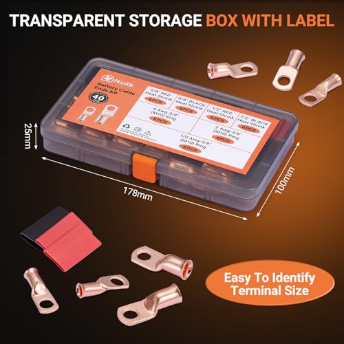 40 pcs Battery Cable Ends Kit Copper Lugs AWG 1/0 AWG 4 AWG 2