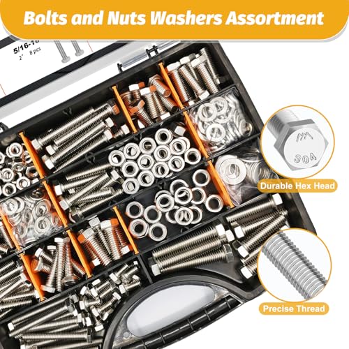 KADRICK 456PCS Stainless Steel Bolt and Nut Kit,SAE 1/4-20 5/16-18 3/8-16 - size: 456Pcs Stainless SAE Hex Bolts