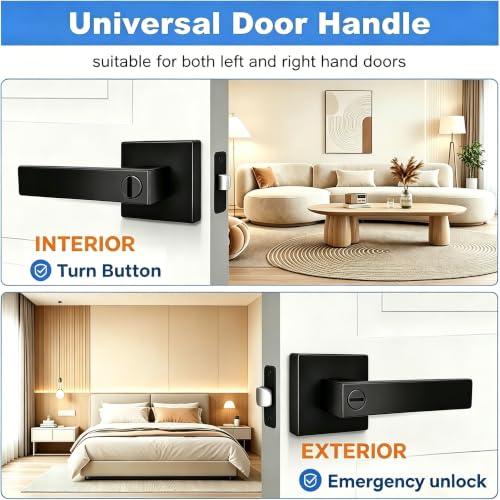 Privacy Door Lever, 10 Pack Matte Black Door Handle, Keyless Interior Door Knob with Lock for Bedroom Bathroom, Heavy Duty Square Door Lock, Reversible for Left Right Handled Doors