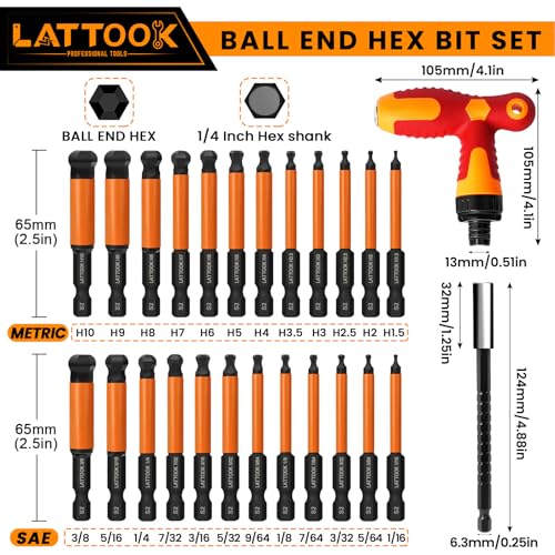 Metric & SAE Ball End Hex Bit Set with T Handle Ratchet Driver - style: 24PCS 2.5IN Ball Hex Bits+T Handle