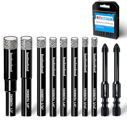 DKIBBITH 10 Pack Dry Diamond Drill Bits & Tile Drill Bit Set for Ceramic, Porcelain, Marble, Granite, Stone, Glass - Round Shank 3/16"(x2), 1/4"(x3), 5/16", 3/8", 1/2"+2 Pack Drill Bits 1/4" - size: 10 Pcs Diamond Drill Bit