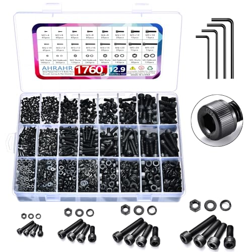 1760pcs M2 M3 M4 M5 Metric Screw Assortment, Grade 12.9 Alloy Steel Hex Socket Head Cap Bolts and Nuts Kit, Black Zinc Plated and Anti Rust Screw Set with 4 pcs Hex Wrenches - color: Black-Hex Socket Head Cap 1760 Pcs