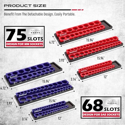 Magnetic Socket Holder Organizer Set: 6-Piece Detachable 1/2 3/8 1/4 Drive Sockets Storage Tray Magnetic Socket Organizer Tool Box Drawer Tool Box Organizers Storage Metric SAE (Sockets Not Included) - style: 6-Piece Trays w/ Base (Holds 143)
