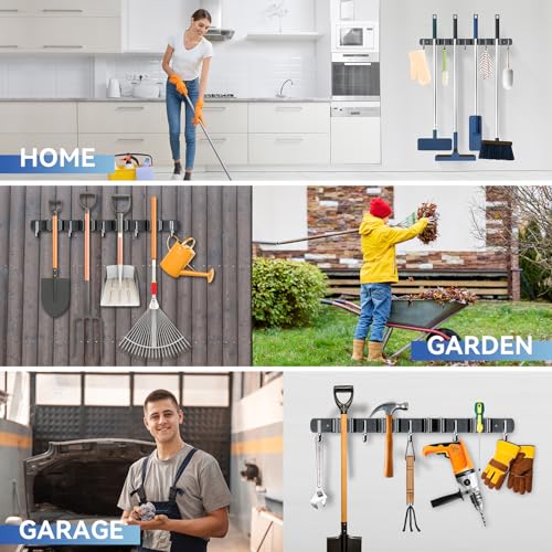 ZONGOOL 2 Pack Mop Broom Holder Wall Mount 4 Racks 5 Hooks Storage Black - color: Black, size: 2Pack 4R5H
