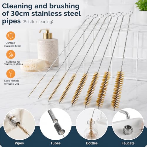 16 Pcs Pipe Wire Brush, 12 Inch Brass & Stainless Steel Tube Cleaning Brush, 8-Size Cleaner Brushes for Cleaning Pipes,Narrow Spaces, Engine Parts (8 Yellow 8 Silver)