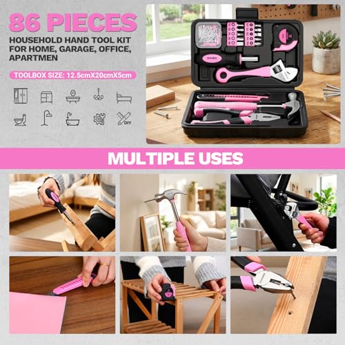 DEKOPRO 86PCS Pink Tool Set Household DIY Tool Kit for Women with Storage Toolbox, Small Compact Hand Tool Box Set for Home Use, DIY, Apartment, Office & Home Repair - color: Pink