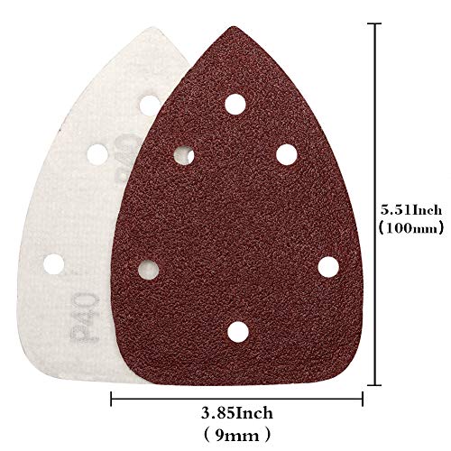 Mouse Detail Sander Sandpaper, 40 grit Palm Mouse Sander Pads, 40 PCS 6 Holes Hook and Loop Triangle Sandpaper by SANJIAN - color: P40