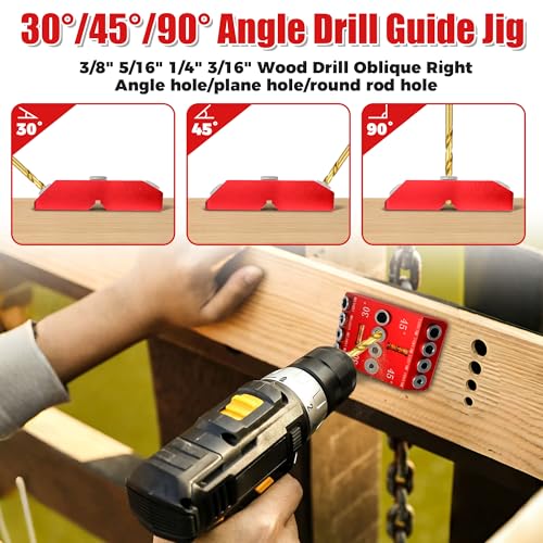 Portable Angle Drill Guide Jig with Level & 4 Drill Bits for Drilling 30°, 45°, 90° Degree Angled Holes, All Metal Jig for Angled or Straight Holes, for Wood Post Railing Stairs Handrail Deck