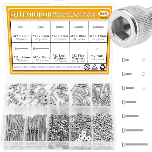 565 Pieces M2 Screws Nuts Washers Set, Sutemribor M2 x 4/6/8/10/12/16/20mm Hex Socket Head Cap Screws Nuts Washers Assortment Kit, 304 Stainless Steel, Fully Threaded - size: M2, style: Socket Head