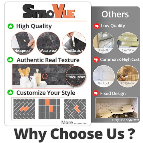 StyloVue 100 Pieces Peel and Stick Backsplash for Kitchen, 3" x 6" PVC Subway Tile 2026 Upgraded Graphite Stone Backsplash Stick on Tile Elevate Kitchen Fireplace RV - color: Graphite Stone