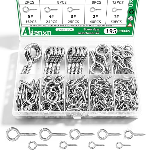 195PCS Silver Eye Screws Kit, 1# -12# Eyelet Screws for Wood - color: Silver, size: 1#-12#