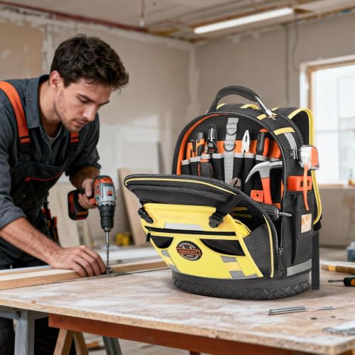 Tool Backpack Bag, Electrician Tool Bag 78-Pockets & Loops Tools Bag HVAC Tool Bags for Men, Heavy Duty Storage Construction tools Backpack (style1-Yellow)-0721 - color: Yellow