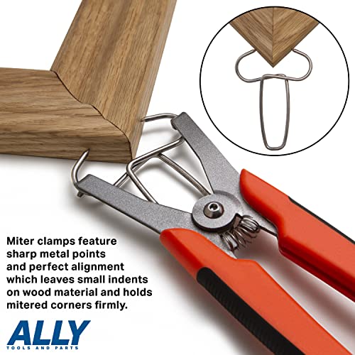 ALLY Tools Miter Spring Clamp Pliers with 16 Miter Spring Clamps - Spring Loaded Handle Design – Long 8 inch Handle for Big Hands for use with Wood Trims, Moldings, Picture Frames, and Woodworking.