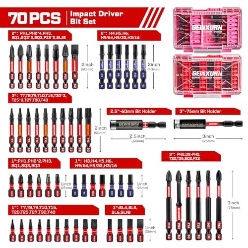 Geinxurn 70Pieces Impact Screwdriver Bits Set, Magnetic S2 Steel 1”/2”3”Phillips/Square/Torx/Slotted/Hex/Pozi Bits Tips and Impact Bit Holder with Red Storage Box Case - style: STKB070