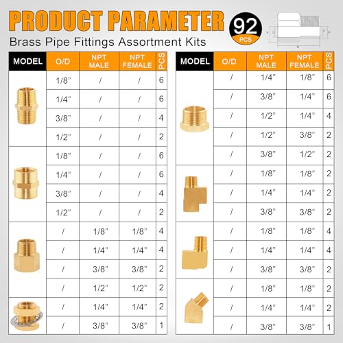 92PCS Brass Pipe Fittings Assortment Kit,1/8" 1/4" 3/8" 1/2" NPT