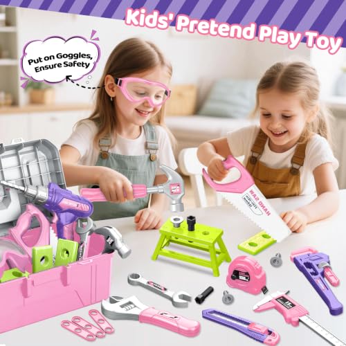 Kids Tool Set, Toddler Tool Box, Toy Drill, Construction Toys for Ages 3-5 - color: Pink