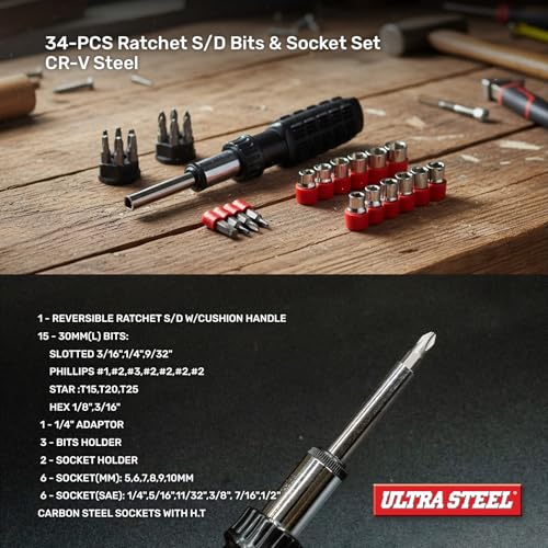 34PC Reversible Ratchet Wrench Driver Set, Bits and Sockets