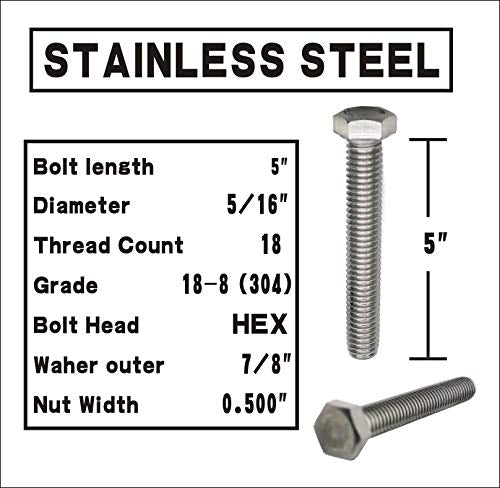 Bolt Fullerkreg 5/16-18x5 Stainless Steel Hex Head Screws Bolts - size: (5 Sets) 5/16x5"