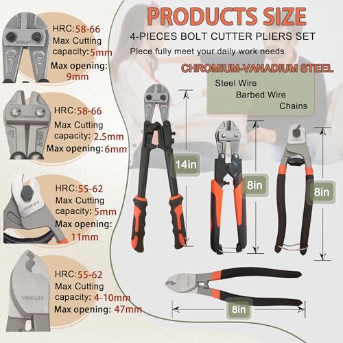 4-Piece Bolt Cutter Set, 14" & 8" Heavy Duty Bolt Cutters with Cr-V