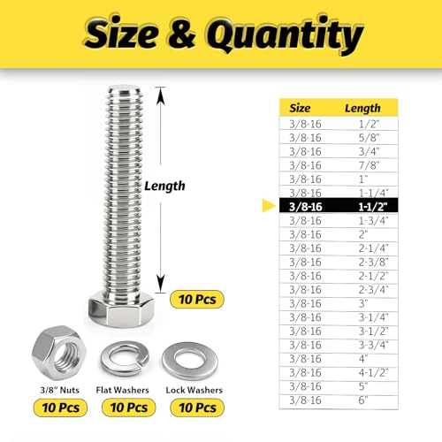 10 Sets 3/8-16x1-1/2 Bolt and Nut Set, Flat & Lock Washers Included,40PCS | 304 Stainless Steel 3/8-16 Bolt, Precision Fasteners Mechanical Assembly Equipment Repair & DIY - size: 3/8-16x1-1/2" 10sets