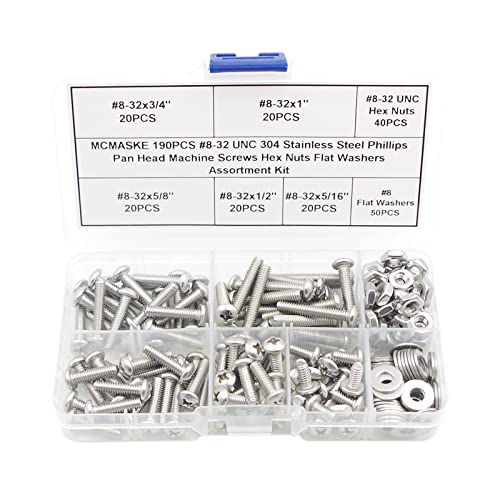 #8-32 UNC 304 SS Phillips Pan Head Screws Nuts & Flat Washers Kit - size: #8-32UNC