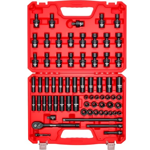 VEVOR Impact Socket Set 3/8" Drive, 67 PCS, CR-MO Swivel Sockets, SAE 5/16"-3/4" & Metric 8-19mm, 6 Point Shallow & Deep, Ratchet Handle, Extension Bars, Adapters, Universal Joint - size: 3/8" 67 PCS CR-MO