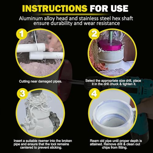 5-Piece PVC Pipe Reamer Tool Kit for PVC, CPVC, ABS Fittings, Includes 1.25", 1.5", 2", 3", 4" Reamers, 3/8" Hex Shaft, Compatible with Standard 1/2" Drills for Pipe Cleaning & Smoothing Edges - size: 1.25+1.5+2+3+4 Inch